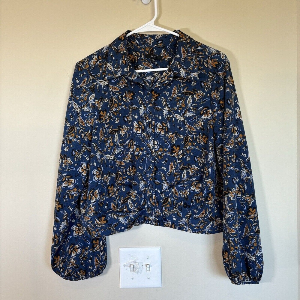 DREW MS NAVY‎ BLUE FLORAL PRINT BUTTON FRONT LONG SLEEVE JACKET / BLOUSE MED